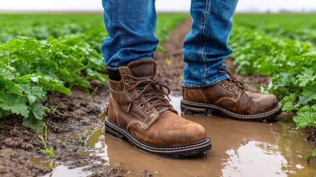 Close-up of muddy work boots in a field of green plants, farmer wearing sturdy boots in muddy field after rain.