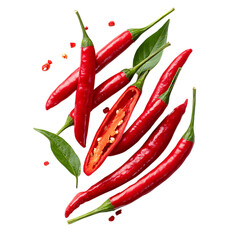 Spicy red chili peppers with seeds and leaves