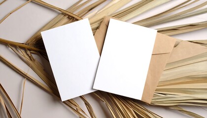 Blank cards with envelope, and palm leaf.
