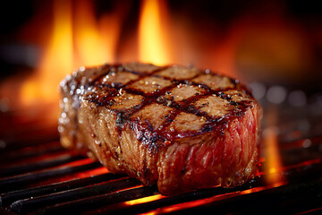 Juicy Grilled Beef Steak with Rosemary on Wooden Board. Hot and Smoky Gourmet Meat.