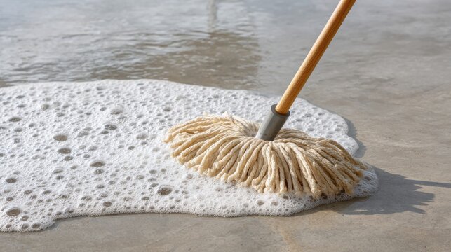 A string mop with a wooden handle cleans a wet, soapy floor, creating a puddle of white foam.