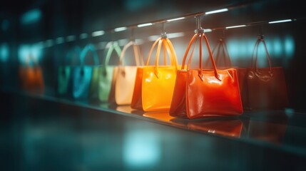A vibrant collection of stylish handbags in an array of colors lined up in a chic boutique, capturing the allure of fashion and consumer desire in contemporary shopping culture.