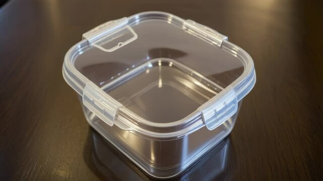 A plastic container sits on top of a wooden table, perfect for storing small items or displaying decorative objects