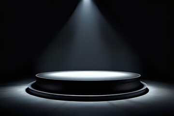 A spotlight illuminates a circular platform in a dark setting, perfect for presentations or showcases. - 1