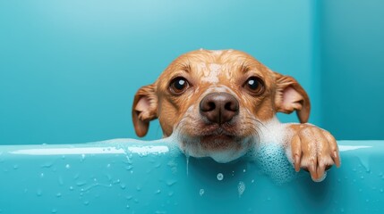 A cute dog enjoys a bubbly bath in a bright blue tub, portraying the joy and comfort of pets, alongside the nurturing bond shared between animals and their owners.