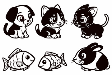 Premium Black and White Cartoon Animals Vector Bundle for Commercial Use