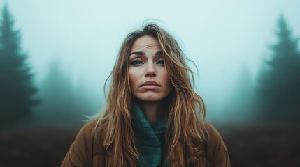 A contemplative woman stands in a misty forest, embodying emotions of introspection and connection with nature, showcasing the profound beauty of solitude and wildness in life.