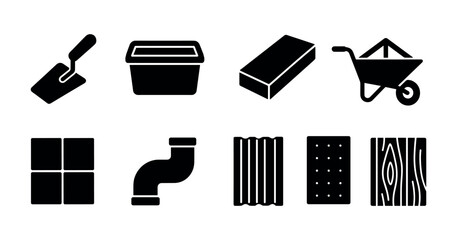 Construction, building silhouette icon set. essential tools, equipment silhouette icons