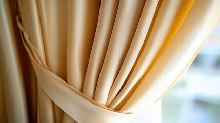 Close-up view of tied light beige curtains.