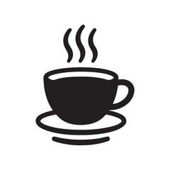 a simple black silhouette of a steaming hot beverage cup, likely a coffee or tea cup, resting on a saucer. 