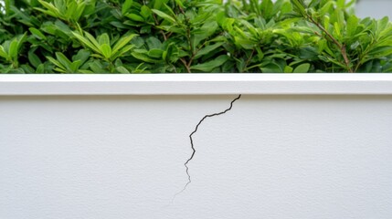 A long, vertical crack on a white wall, with green foliage in the background, indicating structural damage or foundation issues.