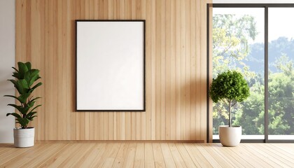 Blank Frame with Wood Wall, and Green View.