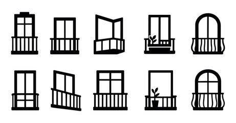 Balcony and window silhouette icon set. architectural design symbols collection