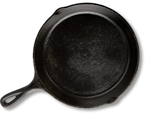 A cast iron skillet with a smooth, dark surface, ideal for cooking a variety of dishes.