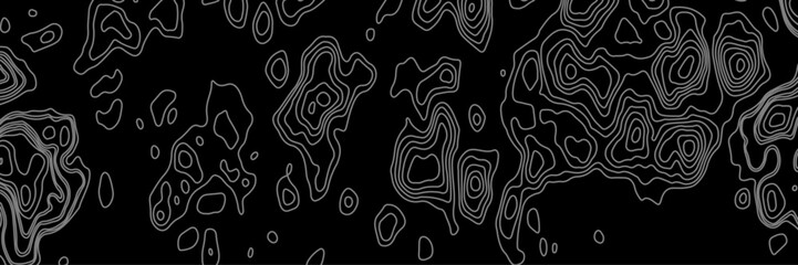 Abstract black and white topographic map illustration in vector style, showing contour lines, curves, and mountain ranges. Seamless pattern inspired by physical geography and terrain relief.