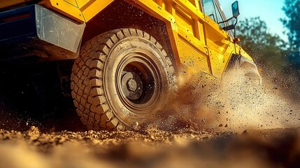   A yellow dump truck drives through a dirt-covered field with trees in the background, while a blue sky is visible above
