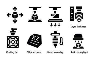 3d printing solid icon set. manufacturing, technology, engineering, tools collection