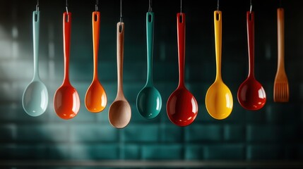 A collection of colorful kitchen spoons hanging in a modern kitchen setting, showcasing a delightful array of vibrant colors and functional kitchen tools.