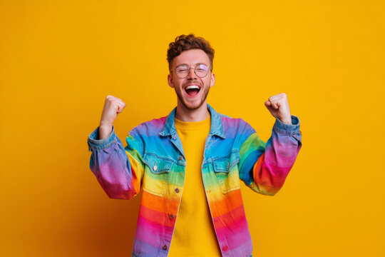 Happy Young Gay Man Cheering in Vibrant Rainbow Jacket, Studio Portrait
