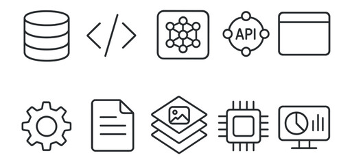 Technology, software linear icon set. coding, data management icons line collection