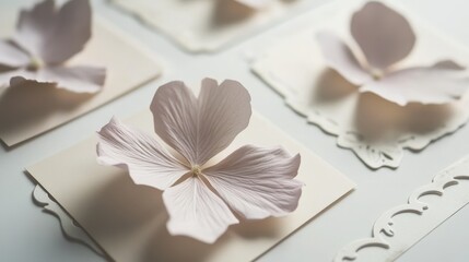 Delicate paper flower petals artfully arranged on cards.