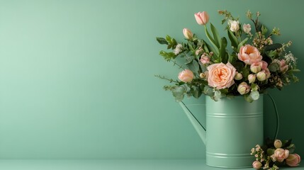 A charming display of fresh flowers arranged in a mint-green watering can, emphasizing the simplicity and beauty of nature in a tasteful home decoration.