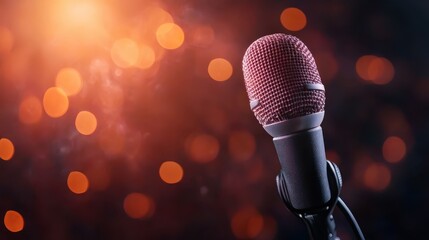 This image captures a close-up of a red microphone against a blurred bokeh background, highlighting its significance in music and performance in a creative context.