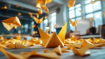 This captivating image displays yellow origami cranes flying amidst a bright and artistic workspace, symbolizing creativity and the grace of paper art in a dynamic scene.
