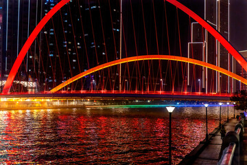 Obraz premium Tianjin World Financial Center, Dagu Bridge, old buildings and Illuminated Hai River, Tianjin, China. Built in 2005. Pedestrian walkway.