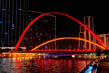 Tianjin World Financial Center, Dagu Bridge, old buildings and Illuminated Hai River, Tianjin, China. Built in 2005. Pedestrian walkway.