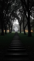 Fototapeta premium Foggy Garden Path Stone Steps to Classic House