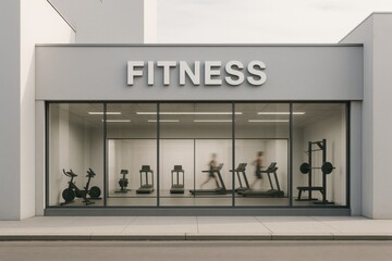 A minimalist image of a sleek gym exterior with glass windows, visible exercise activity, and clear brand signage, emphasizing modern design and transparency.

