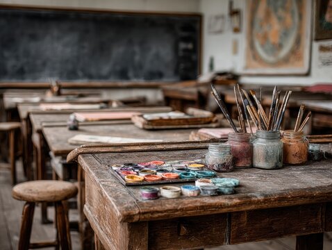 Dust-covered art classroom desks with paint, brushes, and a chalkboard in the background - Powered by Adobe