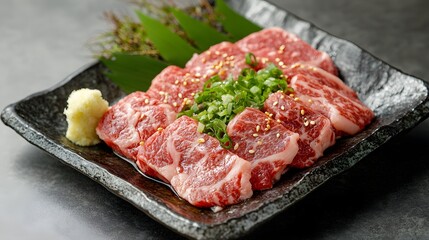 Fototapeta premium Fresh Marbled Beef Slices with Garnish Served on Elegant Plate