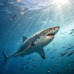 Fototapeta premium Ultra‑realistic underwater POV of a great white shark gliding through deep blue water, sunlight shafts illuminating its sleek body and serrated teeth with fish around.
