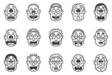 Collection of Funny Cartoon Male Faces with Various Expressions