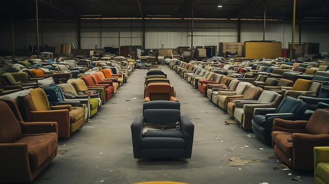 The large second hand store, a lot of used sofas, chairs, Exploring a furniture second hand warehouse filled with vibrant couches, Used vintage sofa in a warehouse for sell