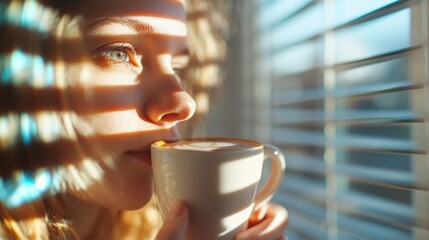 A thoughtful woman with a cup of coffee, bathed in soft sunlight filtered through blinds, embodying a serene moment of reflection and enjoyment in daily life.