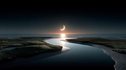 Fototapeta premium Dramatic Sunset Crescent Moon River Delta Aerial