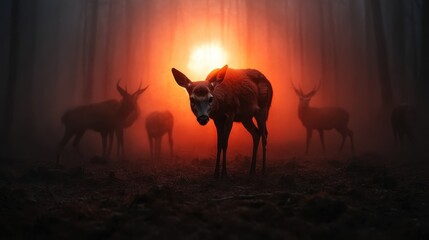 A stunning scene featuring silhouette deer amidst a misty forest at sunset, capturing the magical interplay of light and shadow in the natural world.