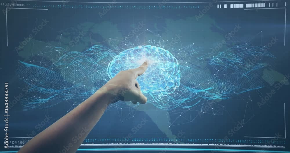 Poster finger touching display spawning sphere morphing globe into neural network brain visualizing data