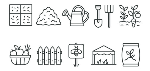 Gardening, agriculture outline icon set for home growing and organic farming