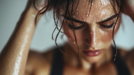 A close-up shot of a woman with glistening skin, showcasing sweat after a vigorous workout, symbolizes perseverance and the dedication required to achieve fitness goals.