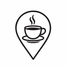 A location pin vector icon with a coffee cup inside, which is a common symbol for identifying a coffee shop or café on a map or digital platform. Location Map Pin Icon Vector Illustration
