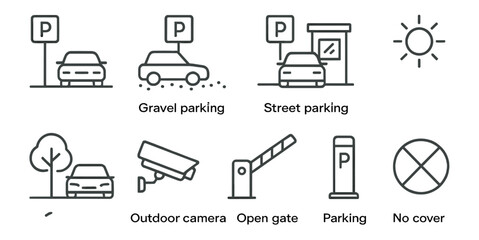 Parking and security outline icon set. car, camera, outdoor symbols outline collection