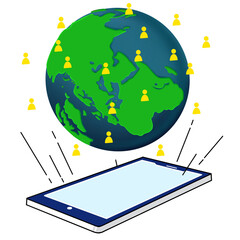 professionals working together on digital technology solutions, with global business network connections, data analytics, and social media marketing platforms