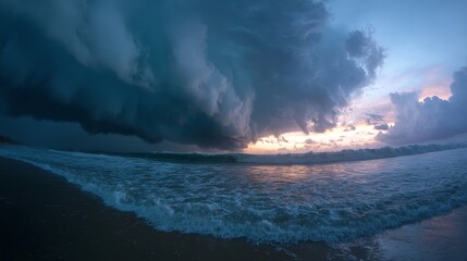 Naklejka premium Dark storm clouds rolling in over ocean during hurricane season morning