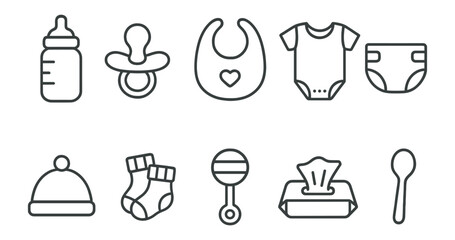 Baby essentials icon set: outline icons for nursery, feeding, and care needs