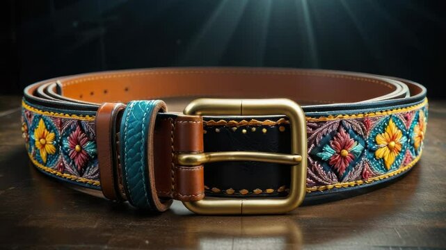 A vibrant belt with a golden buckle sits on a wooden table, perfect for decorating or as a prop in your next project