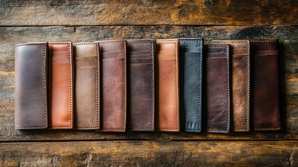 Collection of handcrafted leather wallets, various colors and shades, displayed on rustic wooden background